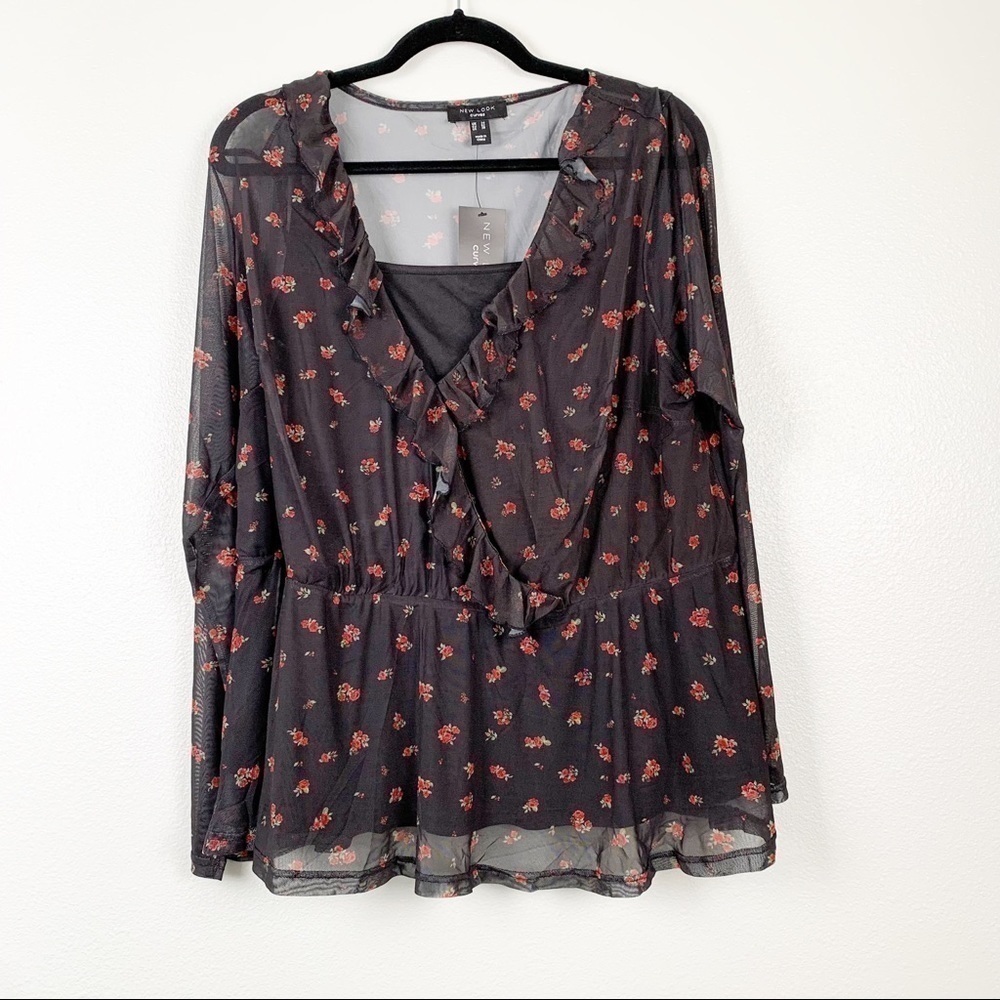 NEW Look Curves Long Sleeve V Neck Floral Top 20 NWT